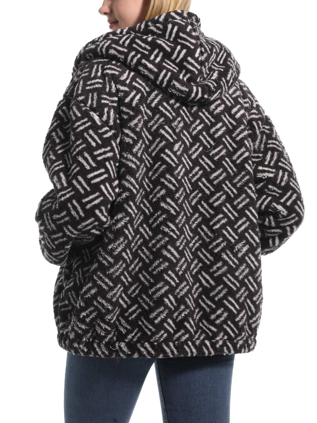 Novelty Print Fuzzy Hooded Sherpa Jacket - Black - 2