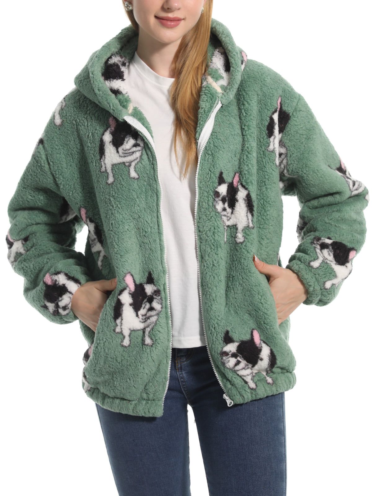 Novelty Print Fuzzy Hooded Sherpa Jacket - Bulldog - 1