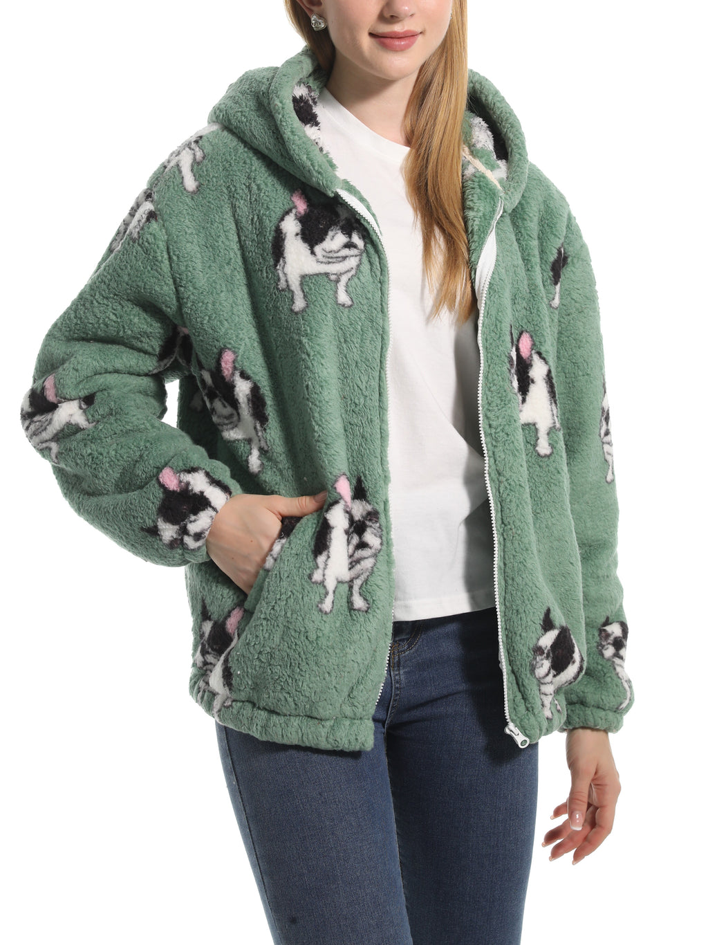 Novelty Print Fuzzy Hooded Sherpa Jacket - Bulldog - 2