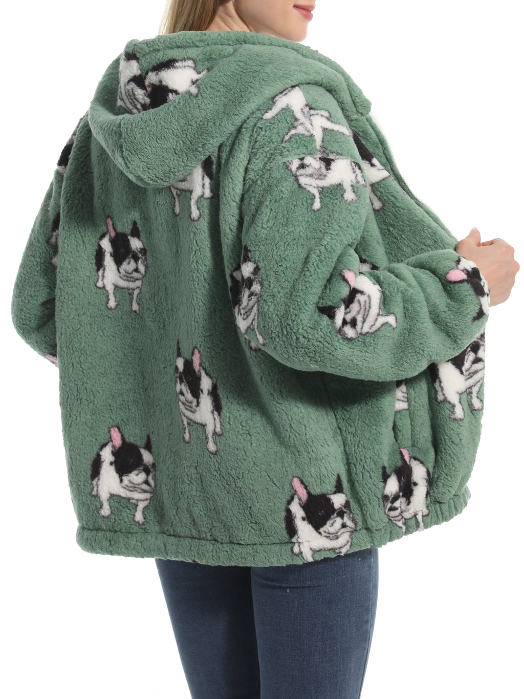 Novelty Print Fuzzy Hooded Sherpa Jacket - Bulldog - 3