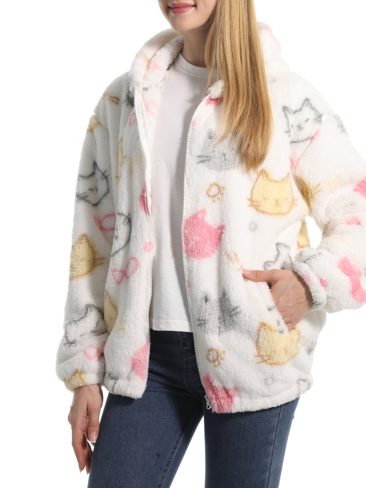 Novelty Print Fuzzy Hooded Sherpa Jacket - Cat