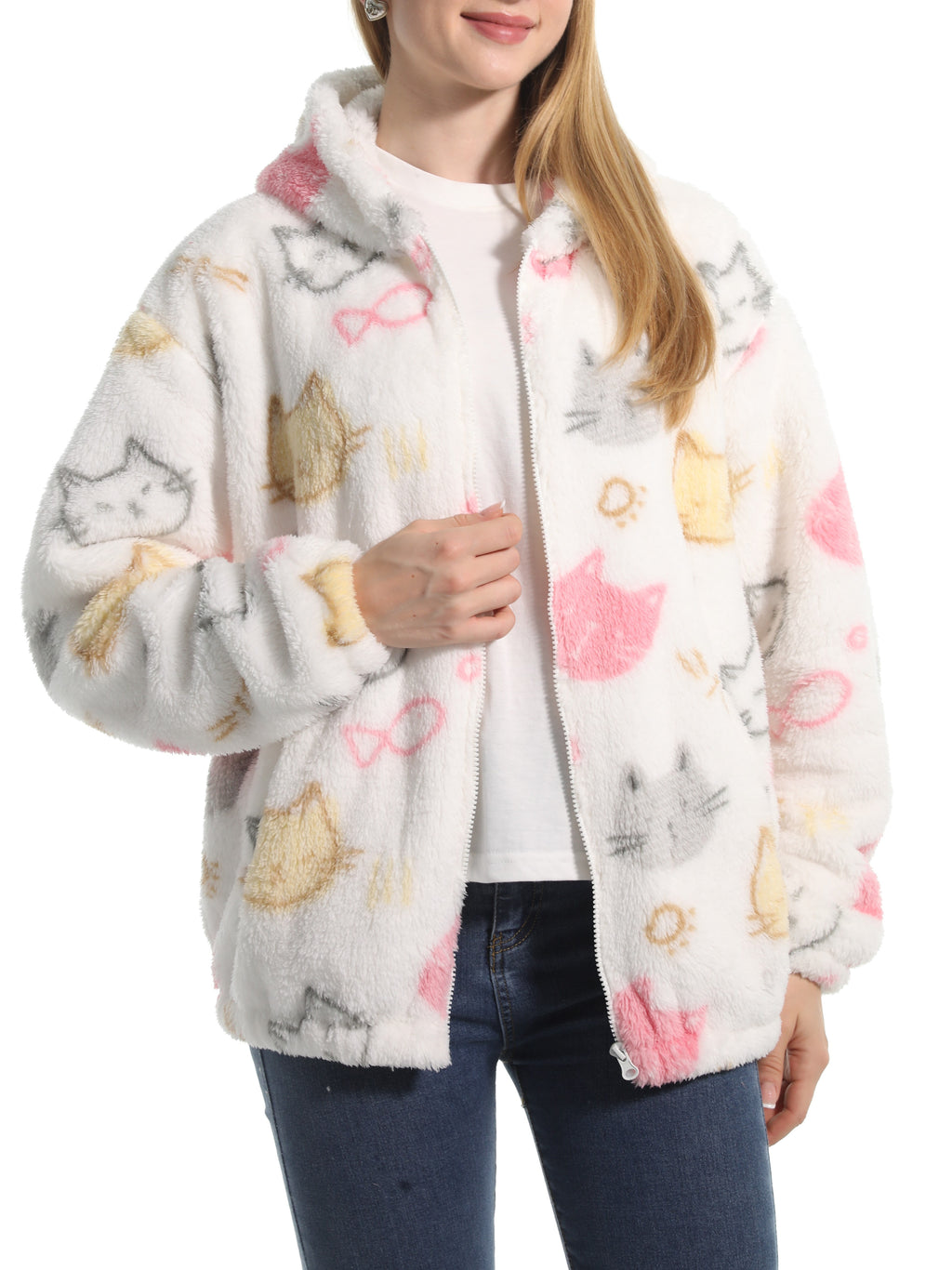 Novelty Print Fuzzy Hooded Sherpa Jacket - Cat - 1
