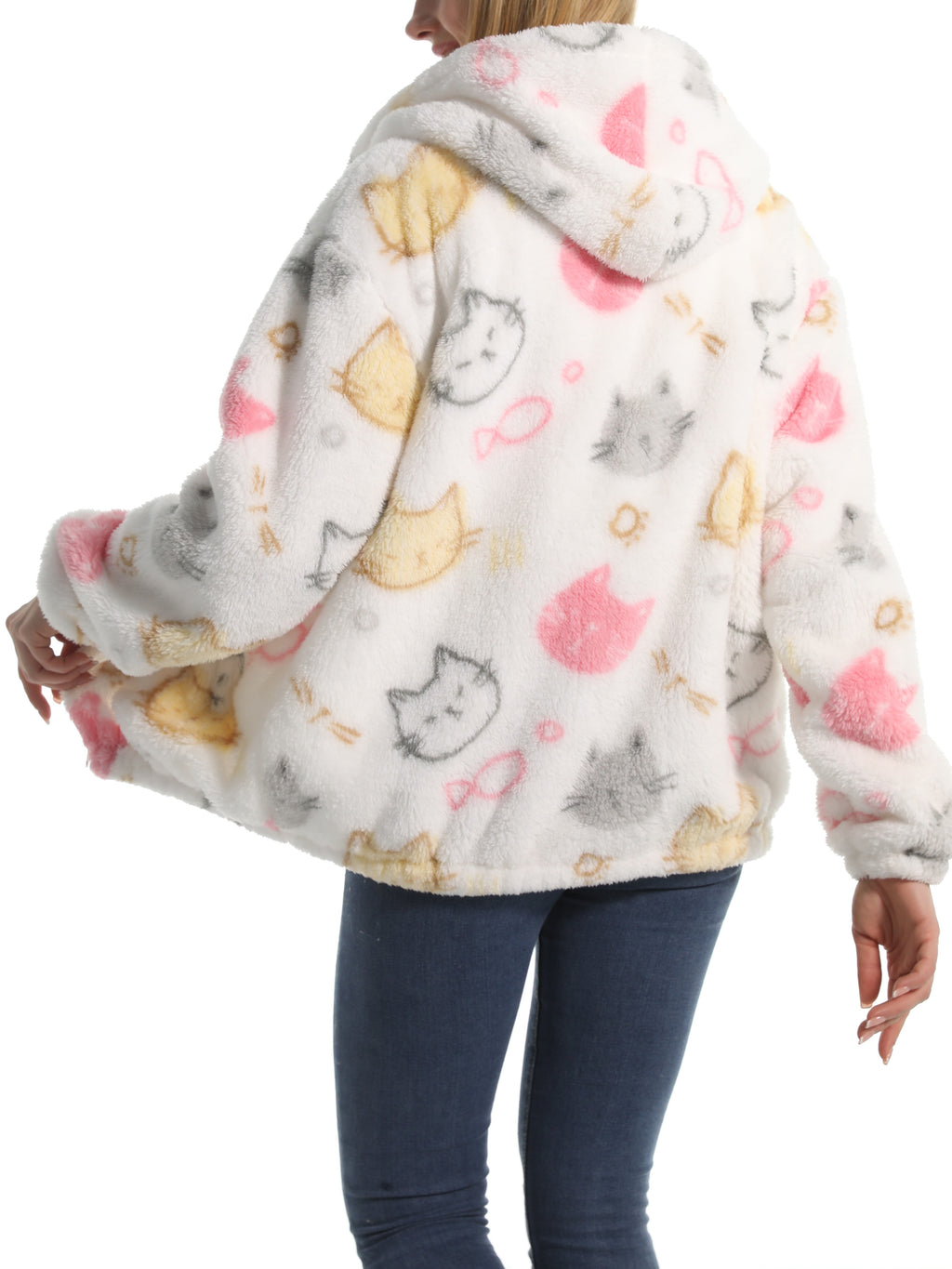 Novelty Print Fuzzy Hooded Sherpa Jacket - Cat - 2
