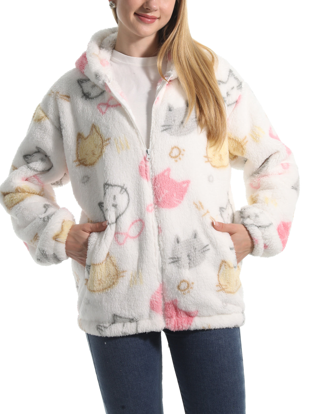 Novelty Print Fuzzy Hooded Sherpa Jacket - Cat - 3