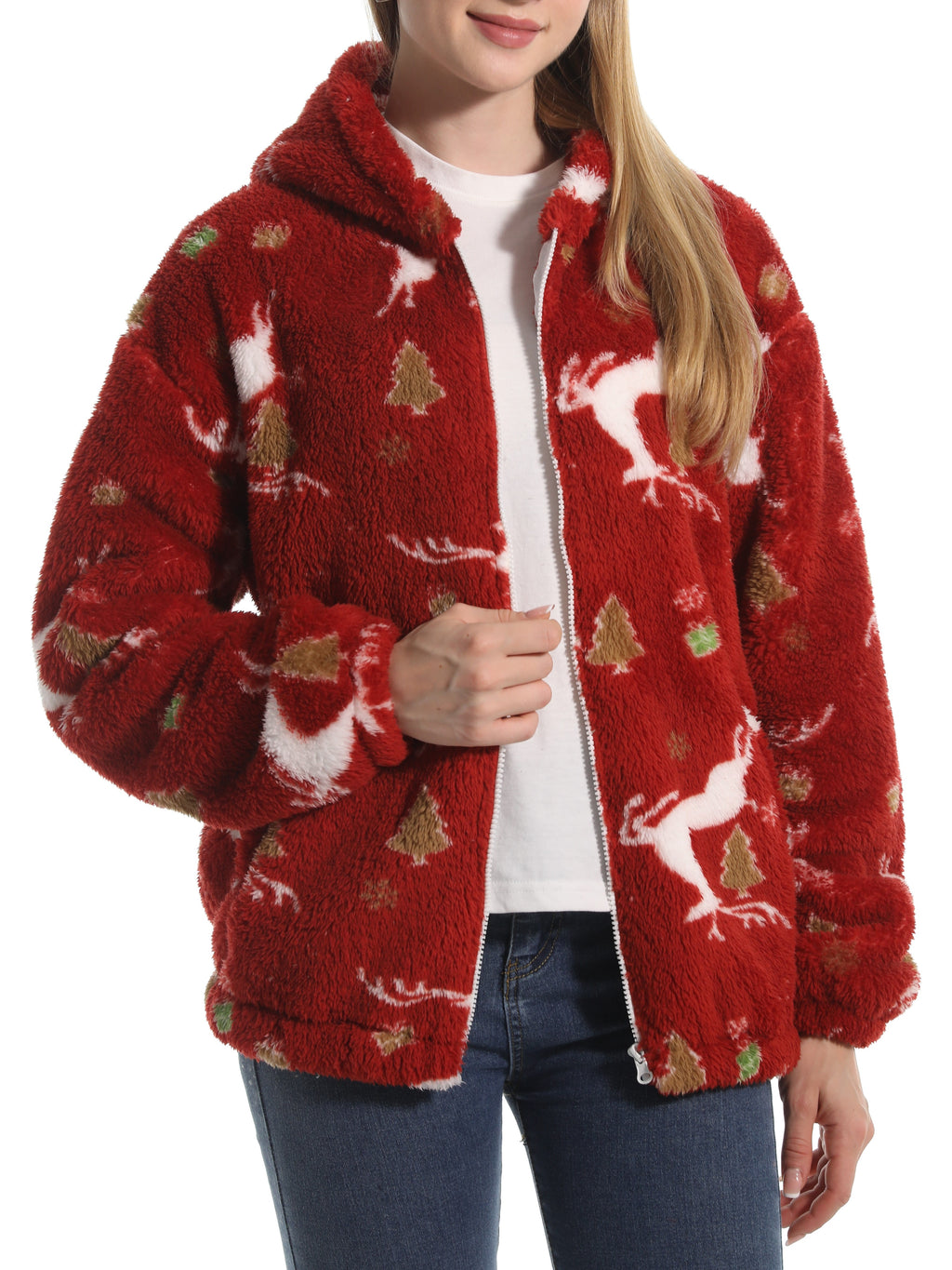 Novelty Print Fuzzy Hooded Sherpa Jacket - Elk