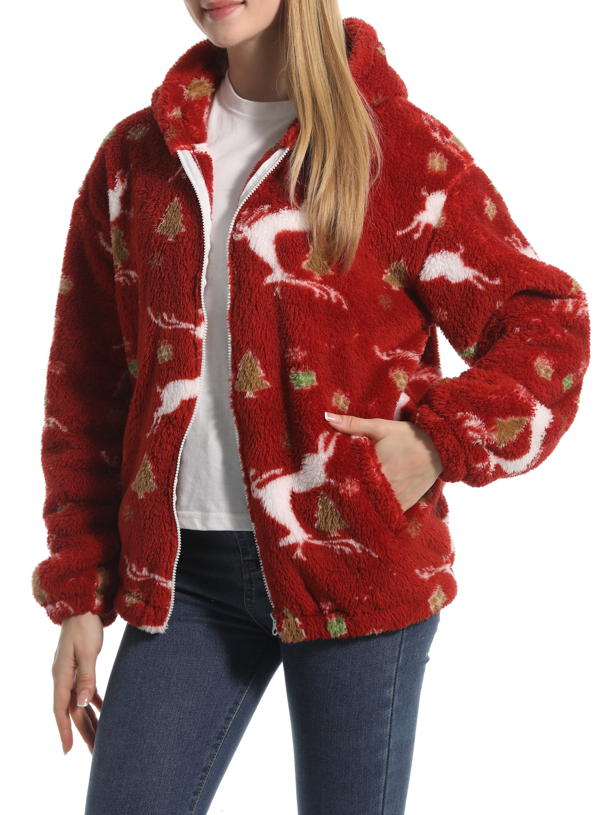 Novelty Print Fuzzy Hooded Sherpa Jacket - Elk - 1