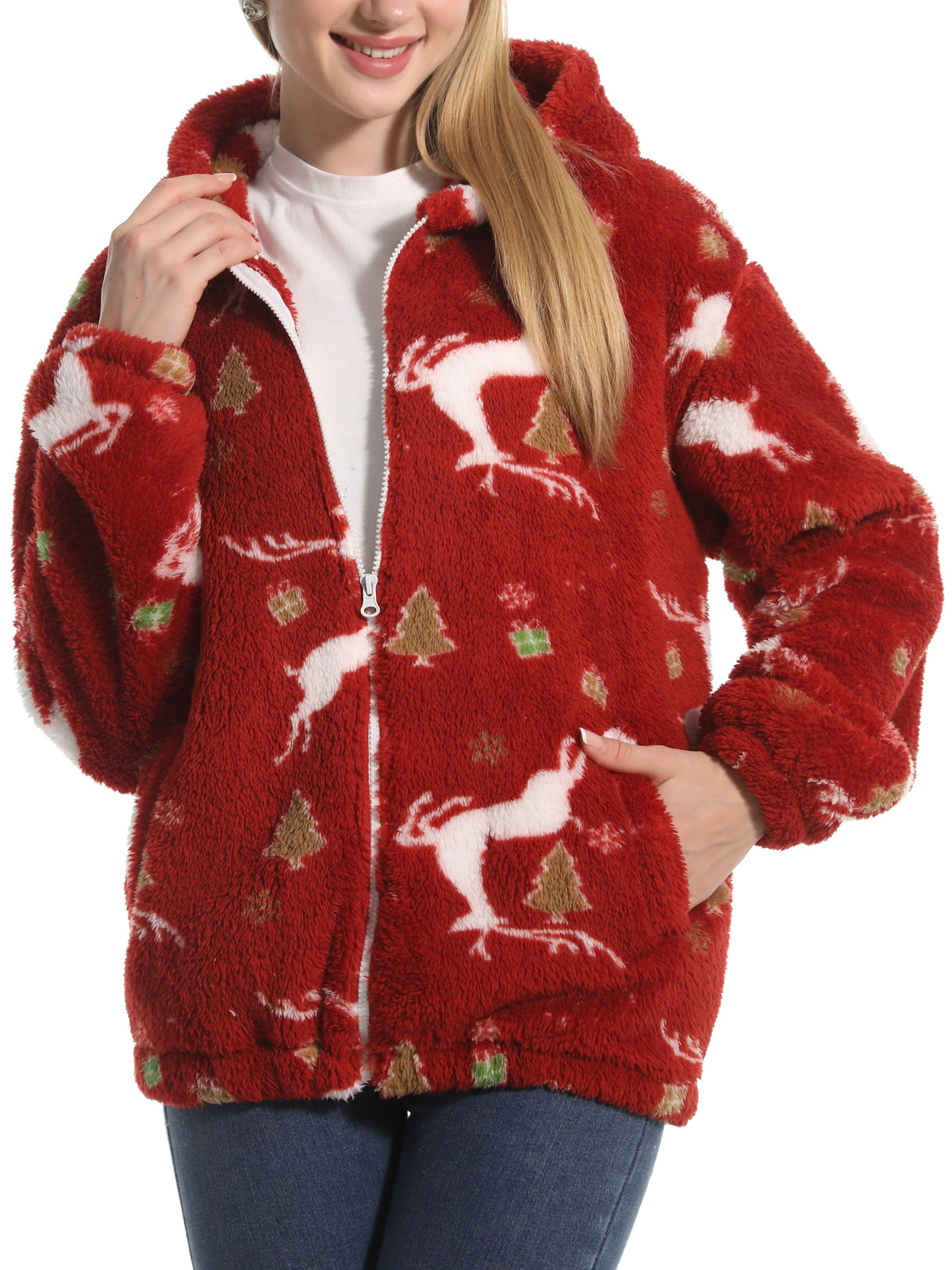 Novelty Print Fuzzy Hooded Sherpa Jacket - Elk - 2