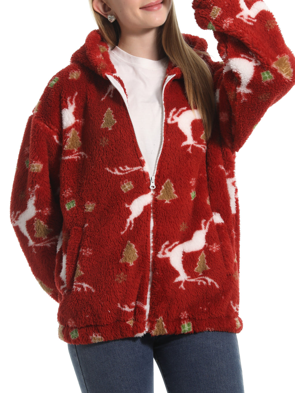 Novelty Print Fuzzy Hooded Sherpa Jacket - Elk - 3
