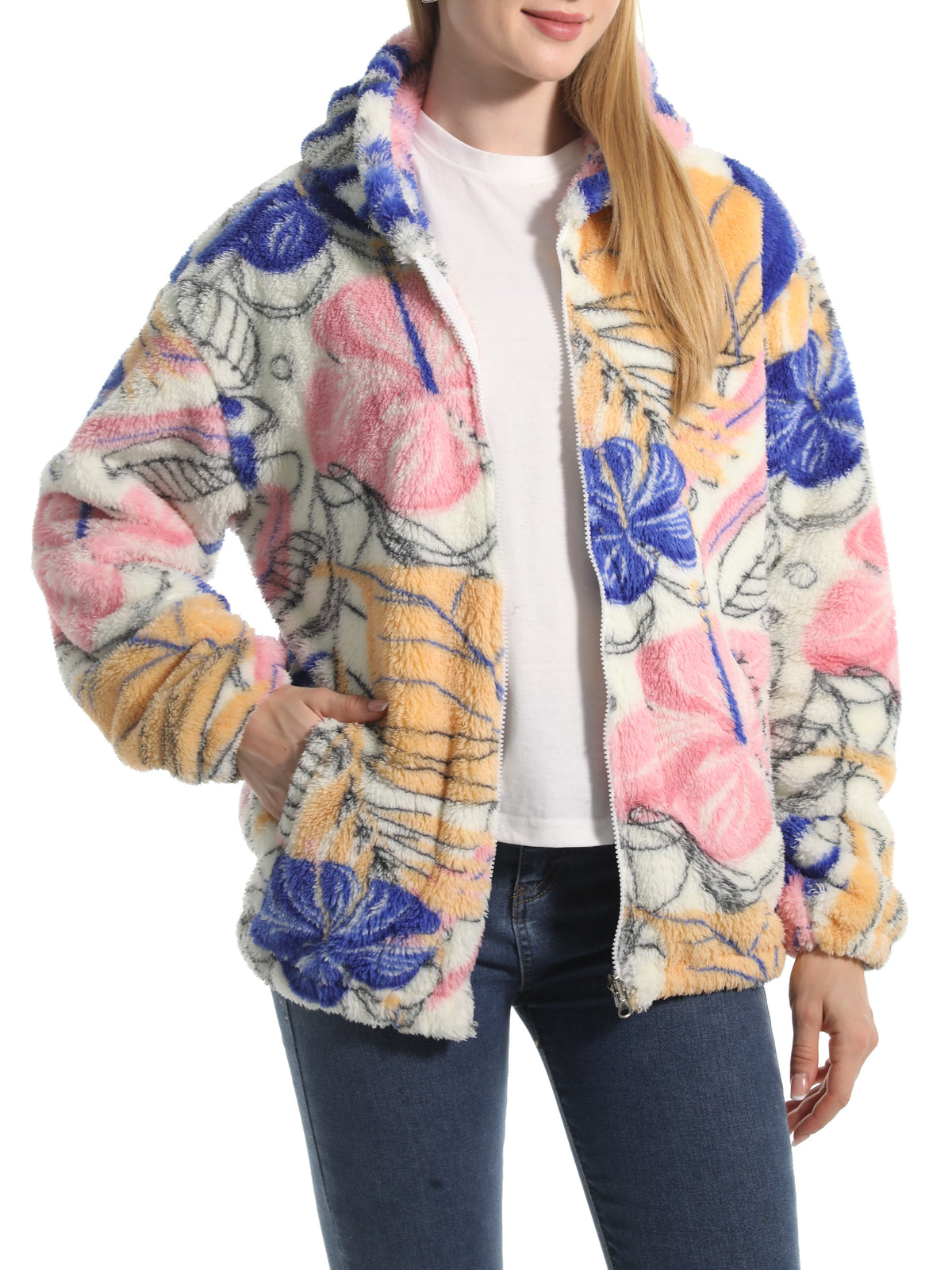 Novelty Print Fuzzy Hooded Sherpa Jacket - Floral