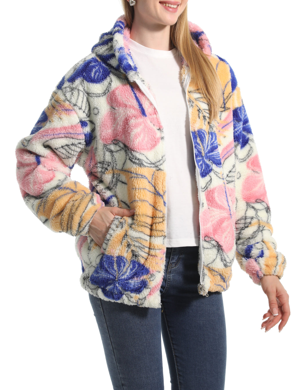 Novelty Print Fuzzy Hooded Sherpa Jacket - Floral - 1