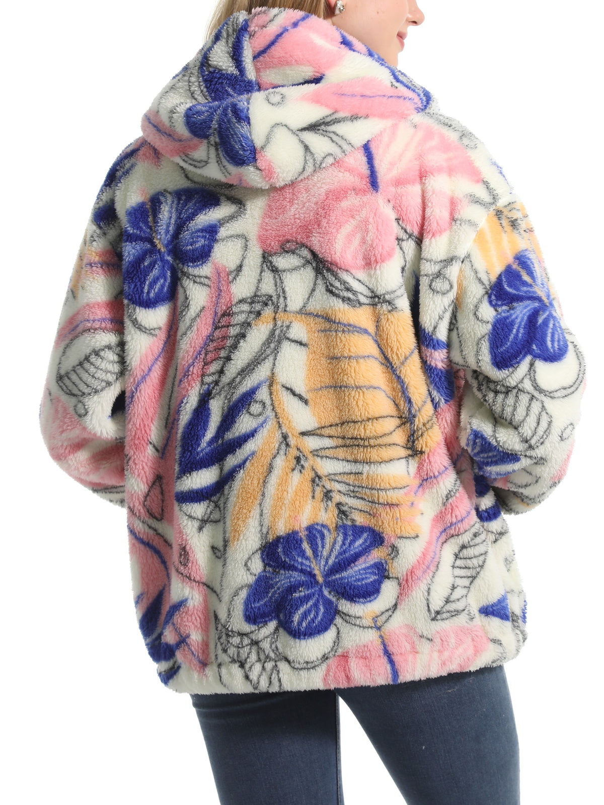Novelty Print Fuzzy Hooded Sherpa Jacket - Floral - 2
