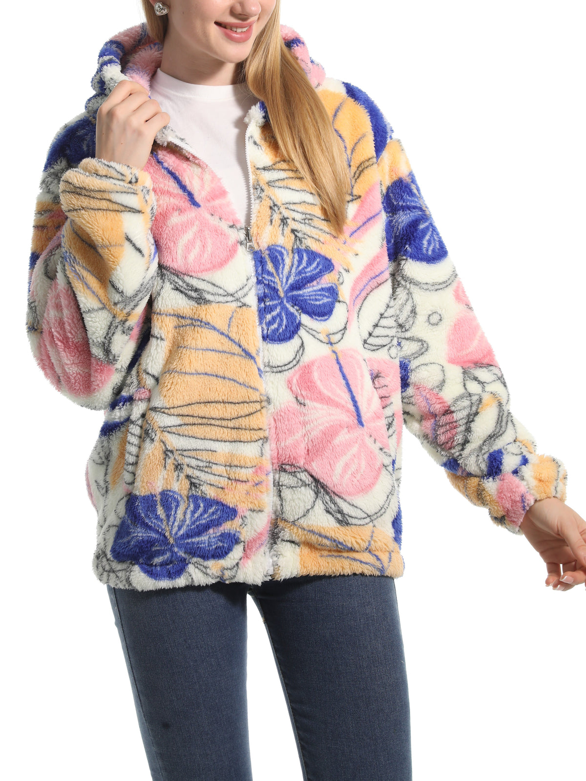 Novelty Print Fuzzy Hooded Sherpa Jacket - Floral - 3