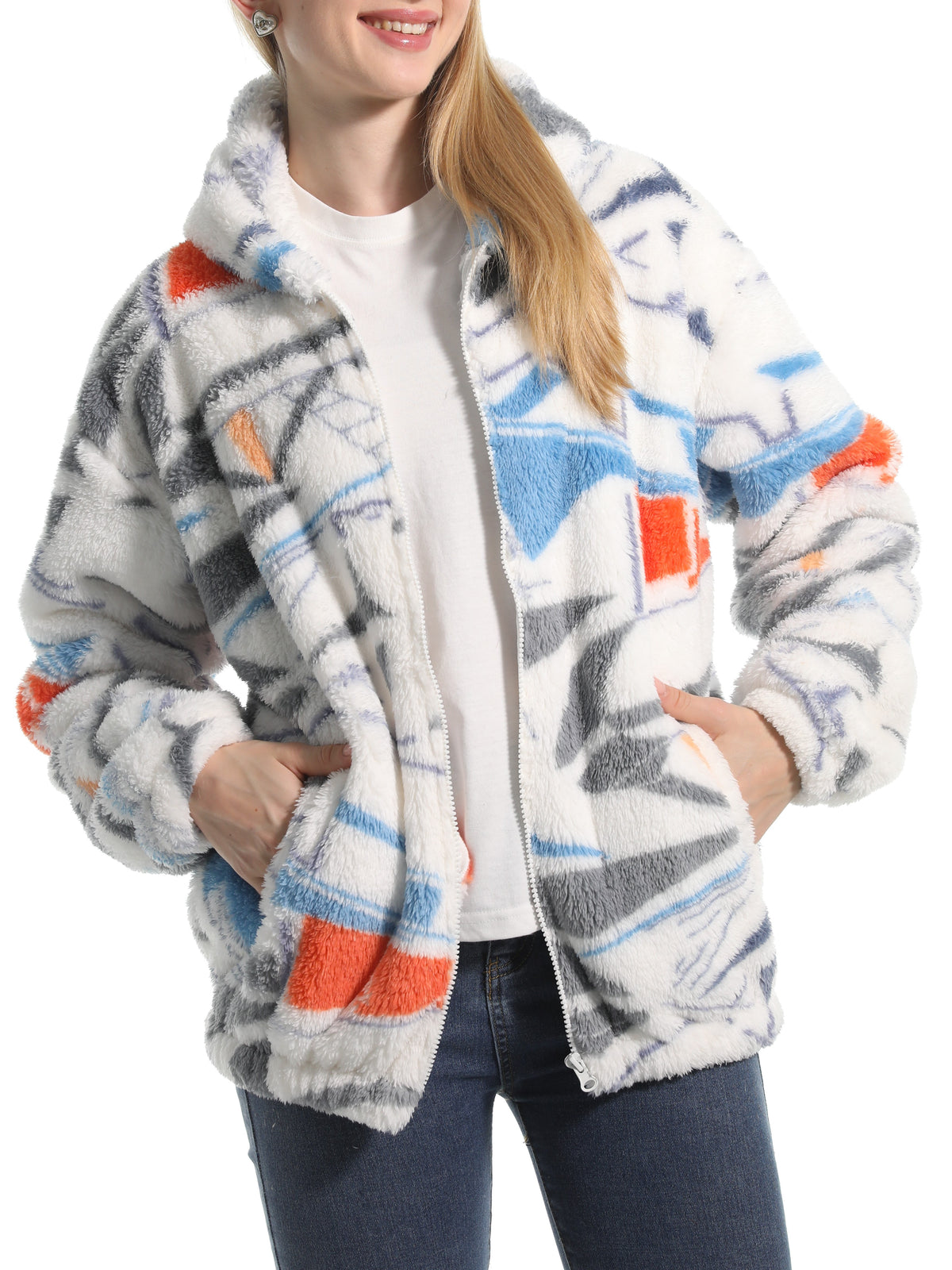 Novelty Print Fuzzy Hooded Sherpa Jacket - Ice - 1