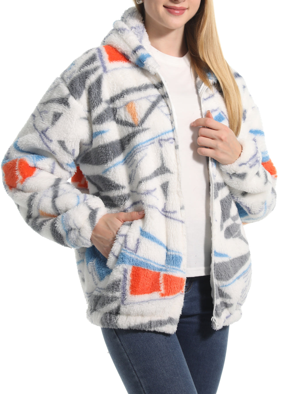 Novelty Print Fuzzy Hooded Sherpa Jacket - Ice - 2