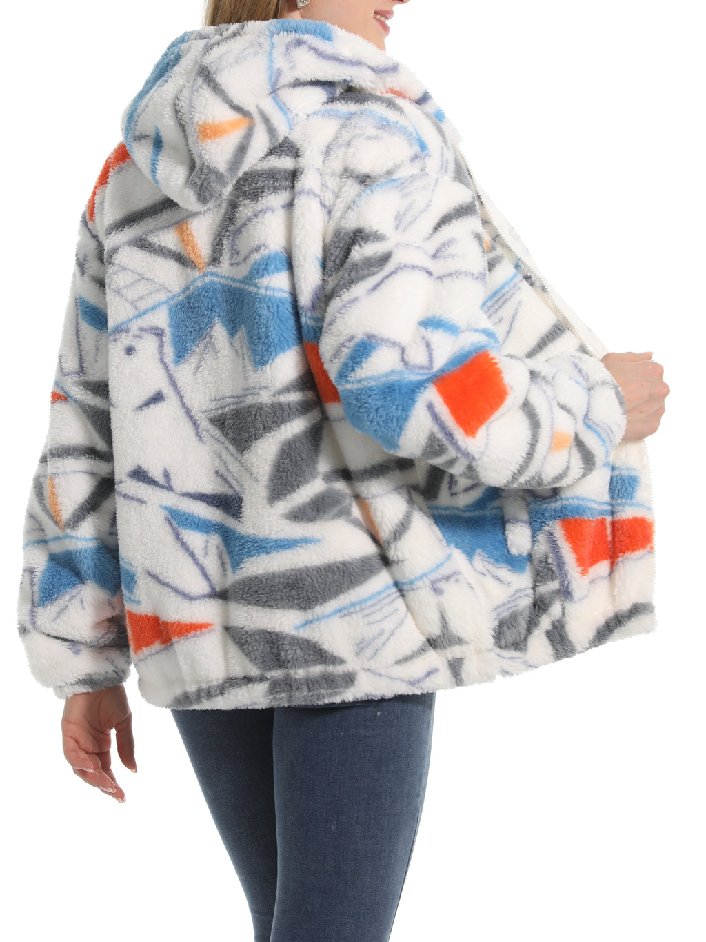 Novelty Print Fuzzy Hooded Sherpa Jacket - Ice - 3