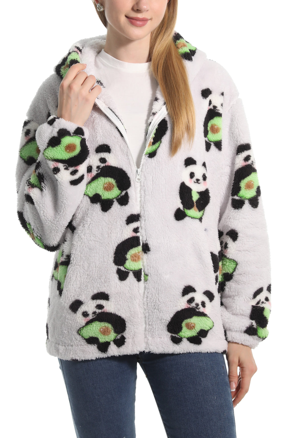 Novelty Print Fuzzy Hooded Sherpa Jacket - panda - 2