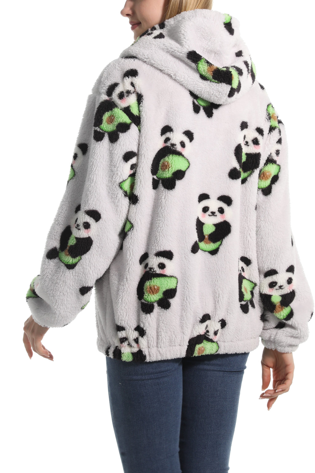 Novelty Print Fuzzy Hooded Sherpa Jacket - panda - 3