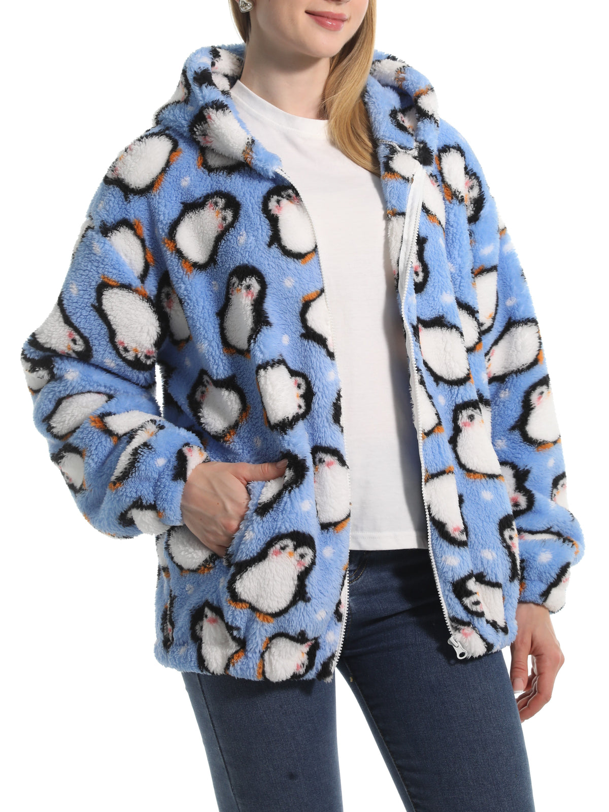 Novelty Print Fuzzy Hooded Sherpa Jacket - penguin