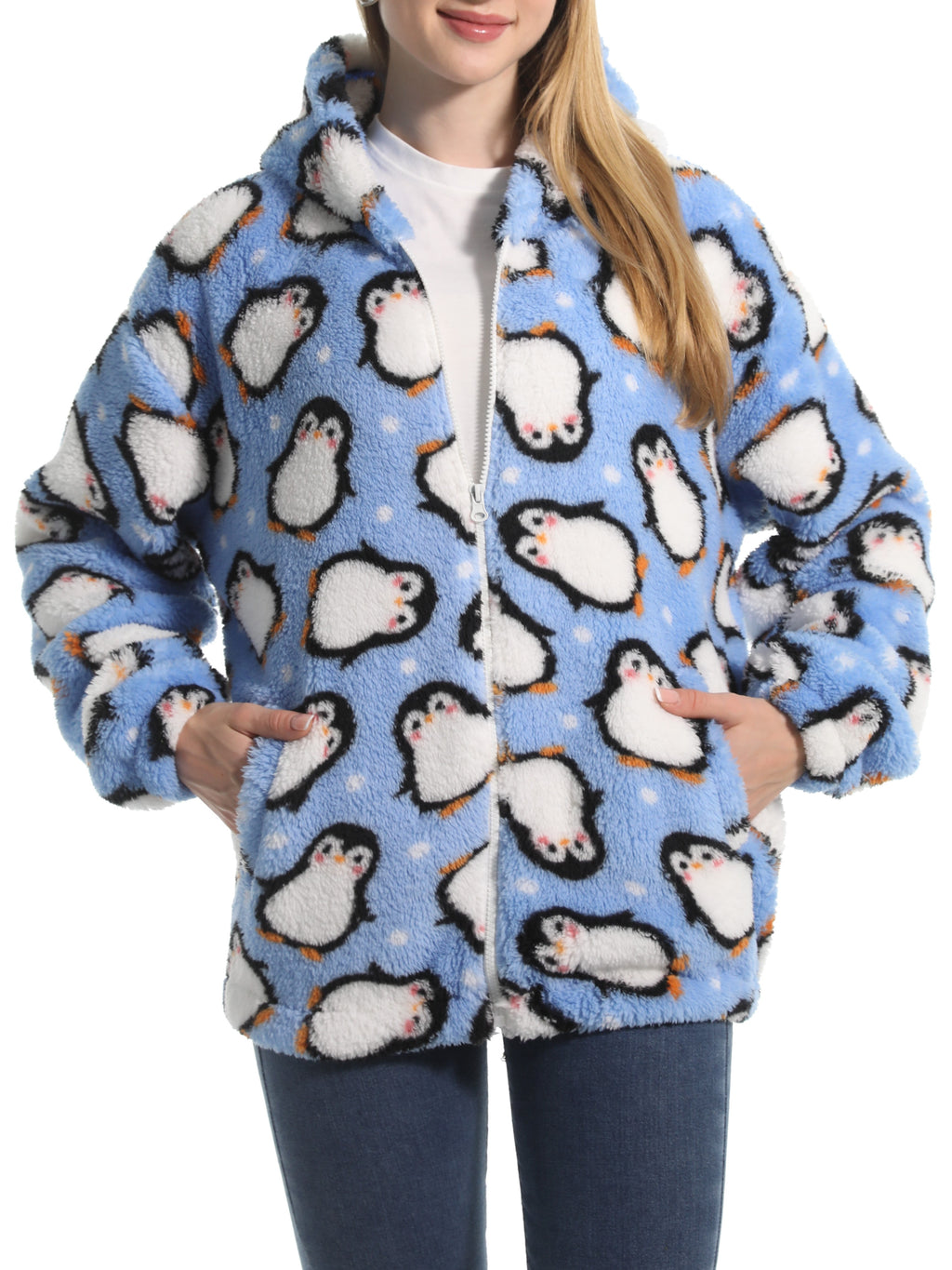 Novelty Print Fuzzy Hooded Sherpa Jacket - penguin - 2