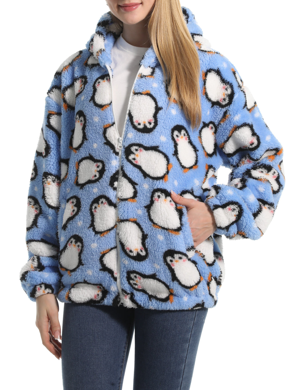Novelty Print Fuzzy Hooded Sherpa Jacket - penguin - 3