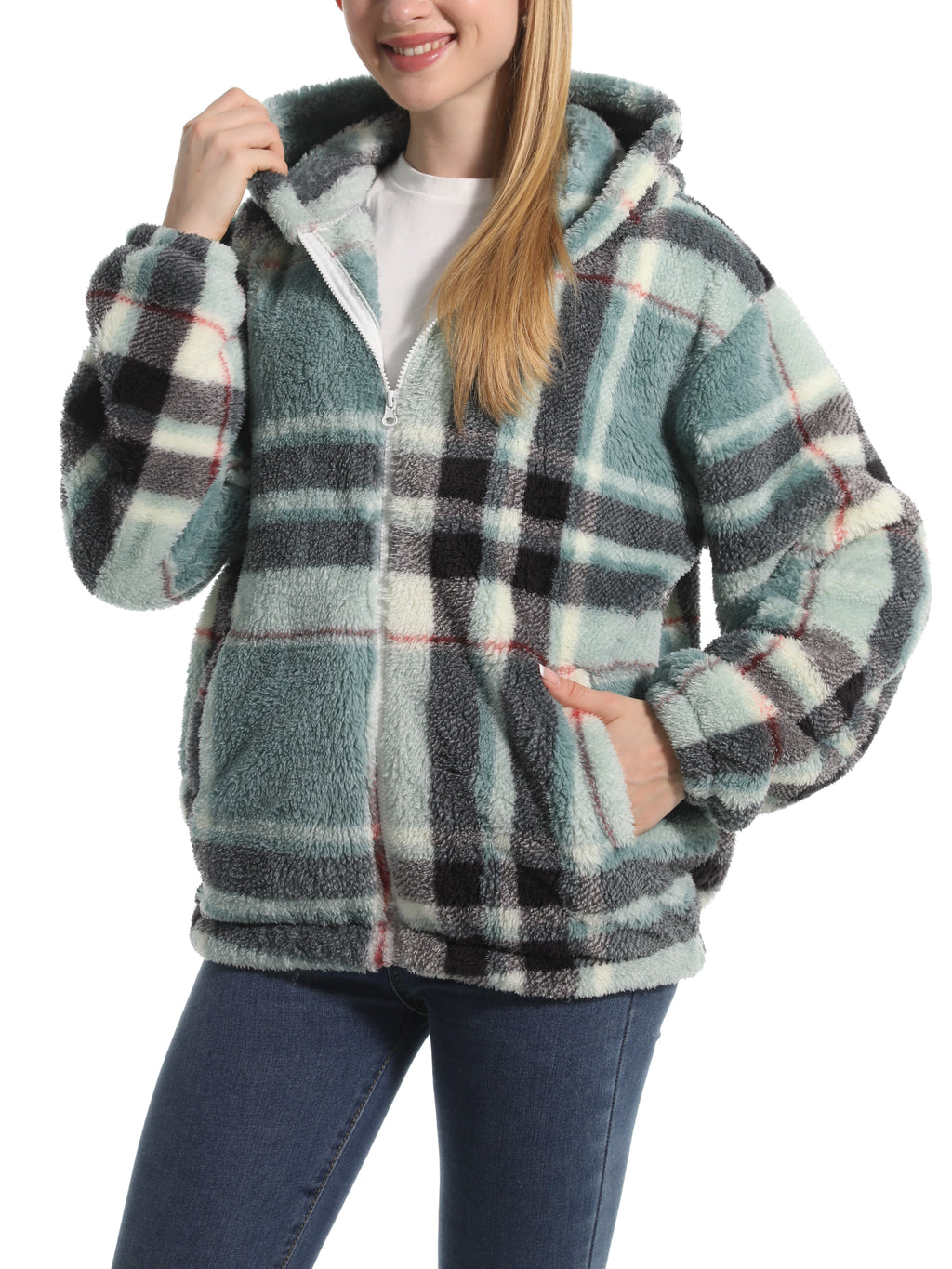 Novelty Print Fuzzy Hooded Sherpa Jacket - plaid