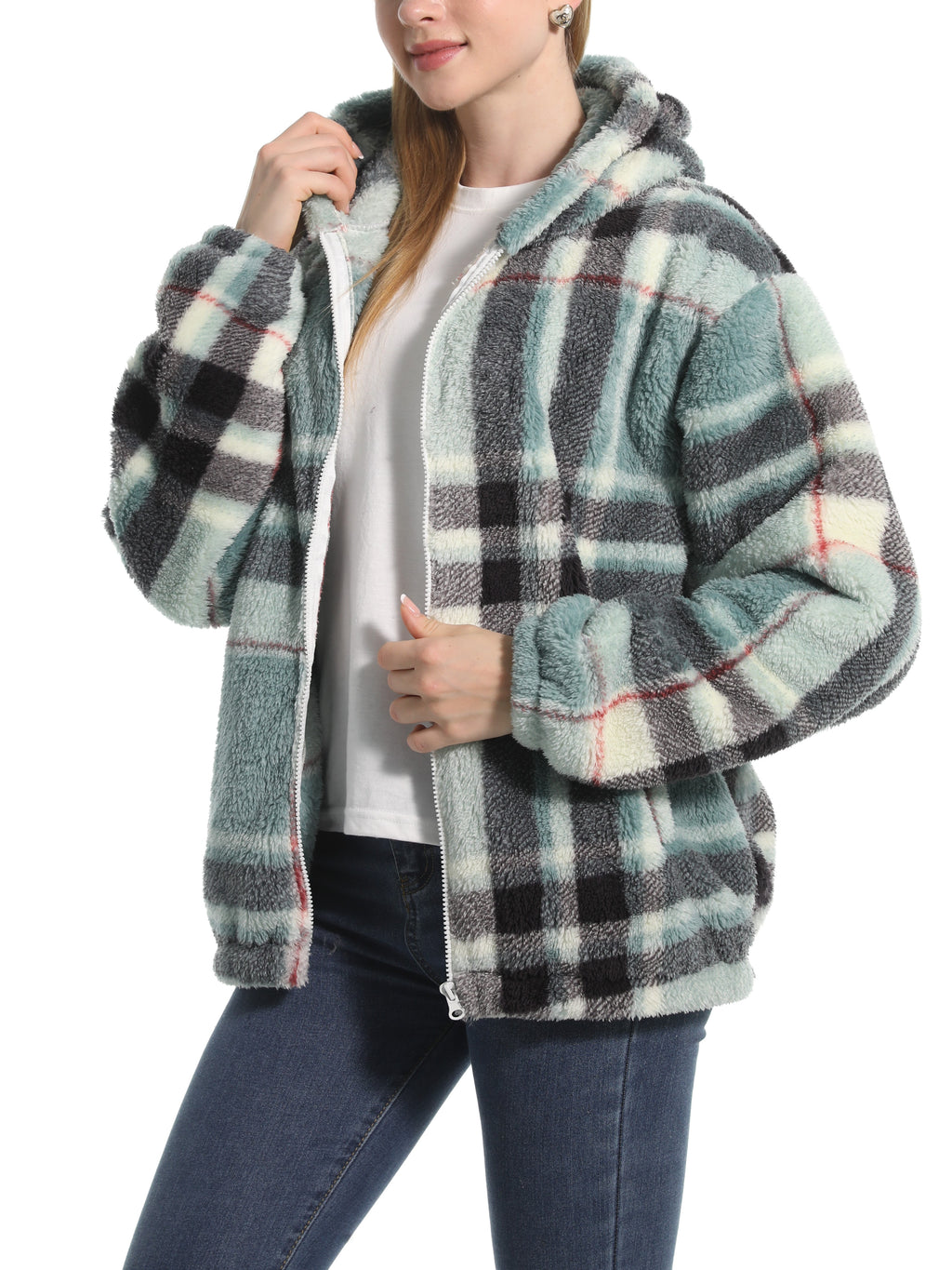 Novelty Print Fuzzy Hooded Sherpa Jacket - plaid - 1
