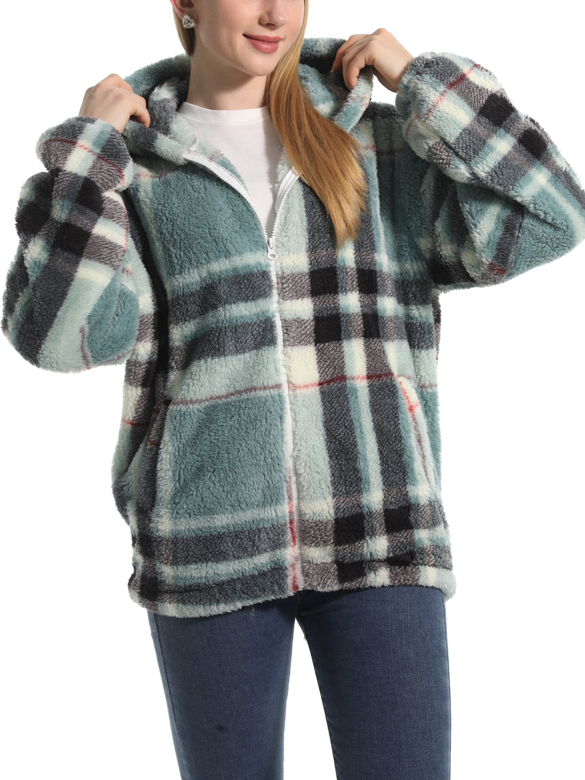 Novelty Print Fuzzy Hooded Sherpa Jacket - plaid - 2