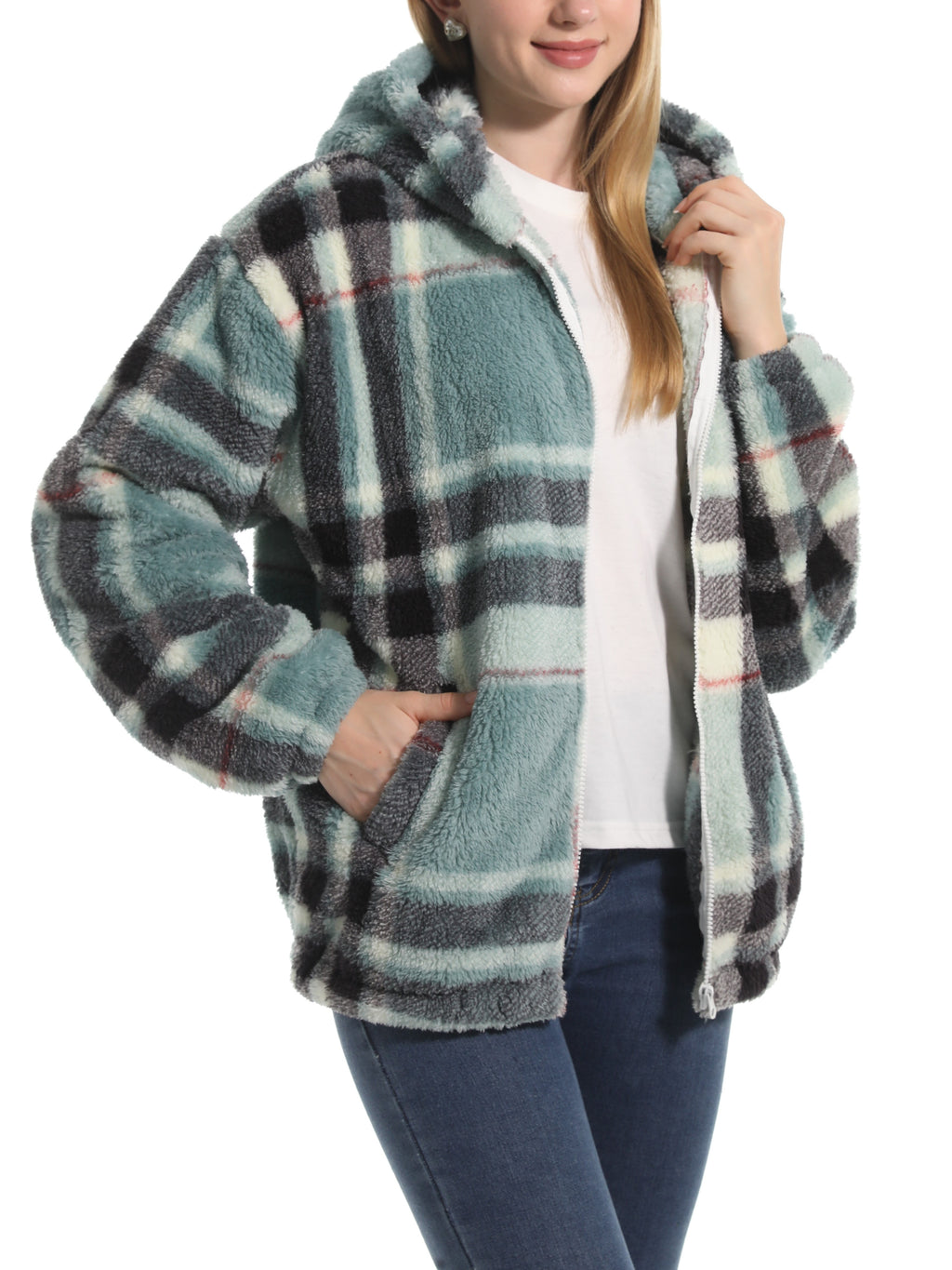 Novelty Print Fuzzy Hooded Sherpa Jacket - plaid - 3