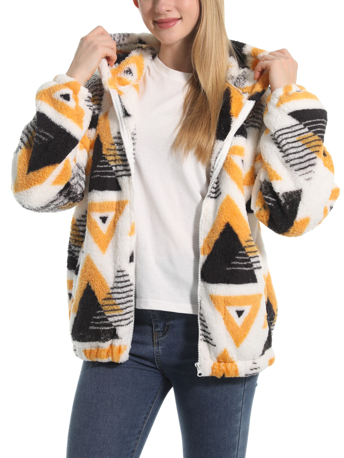 Novelty Print Fuzzy Hooded Sherpa Jacket - triangle