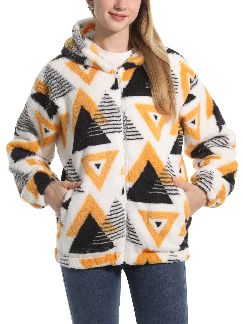 Novelty Print Fuzzy Hooded Sherpa Jacket - triangle - 1