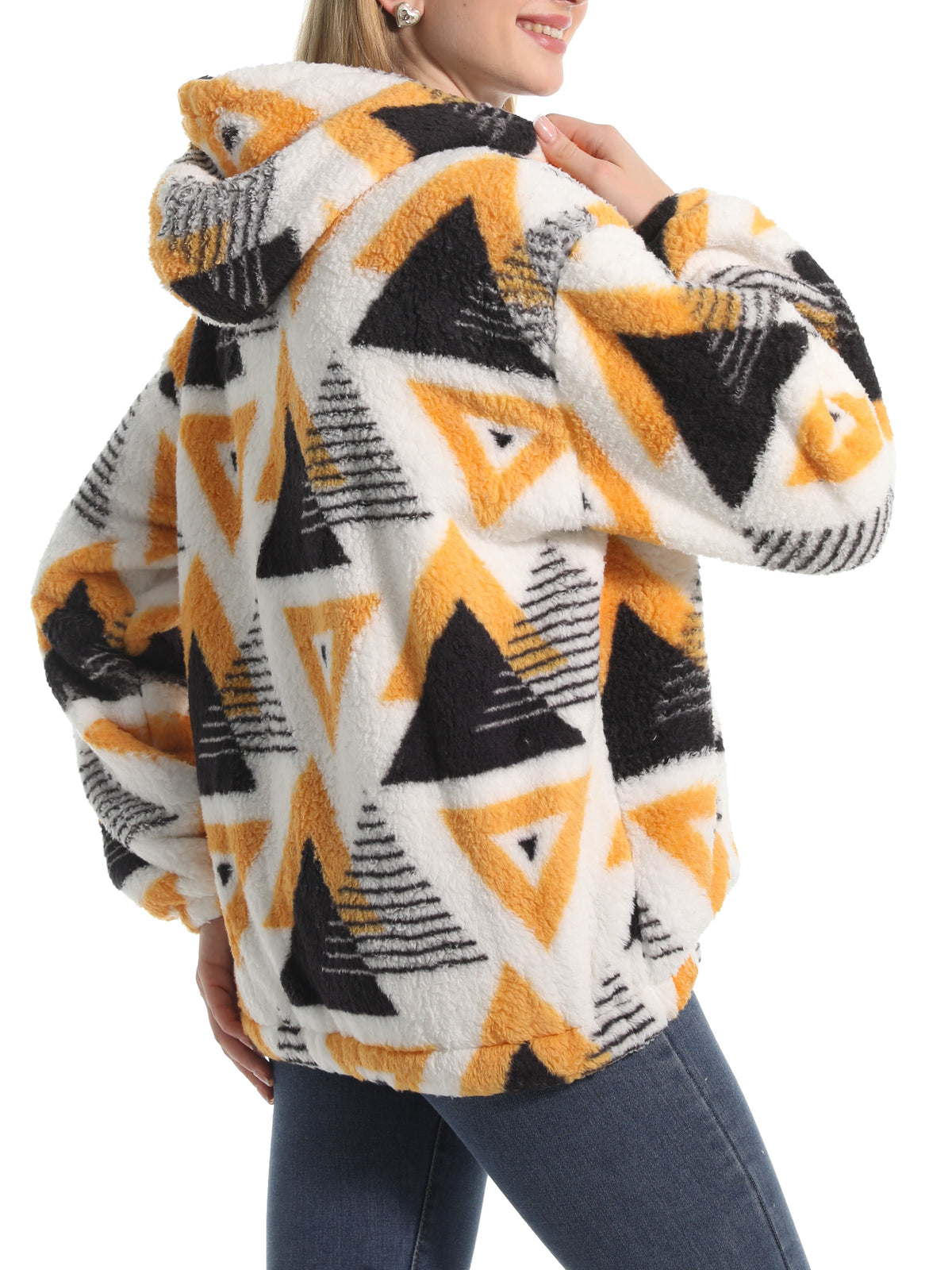 Novelty Print Fuzzy Hooded Sherpa Jacket - triangle - 2