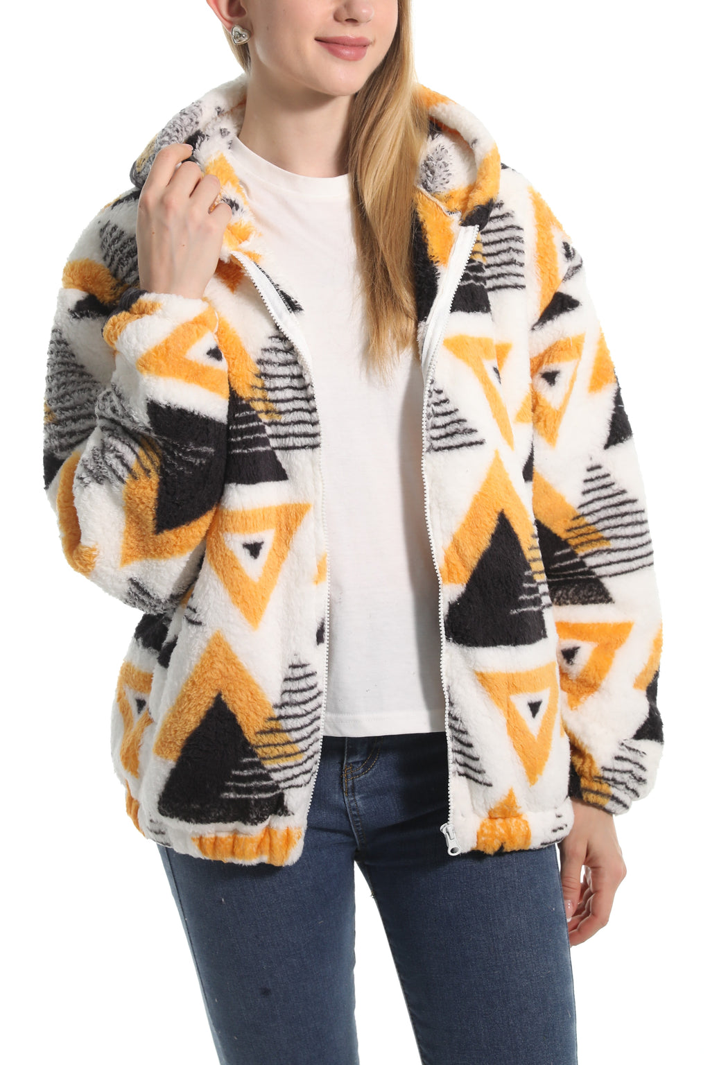 Novelty Print Fuzzy Hooded Sherpa Jacket - triangle - 3