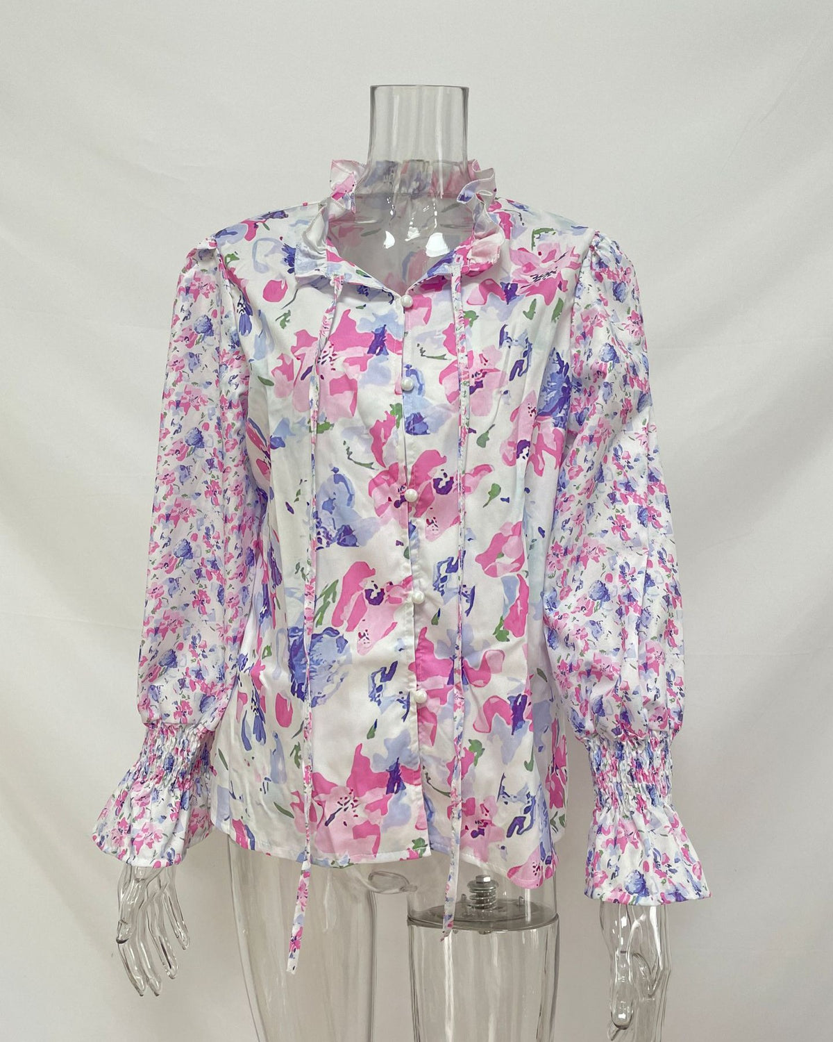 Floral Print Ruffle Lantern Sleeve Shirt - Rose-Red