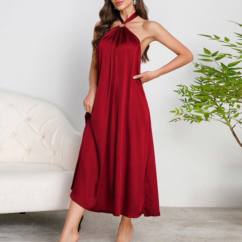 Satin Halter Neck Open Back A-Line Maxi Slip Dress