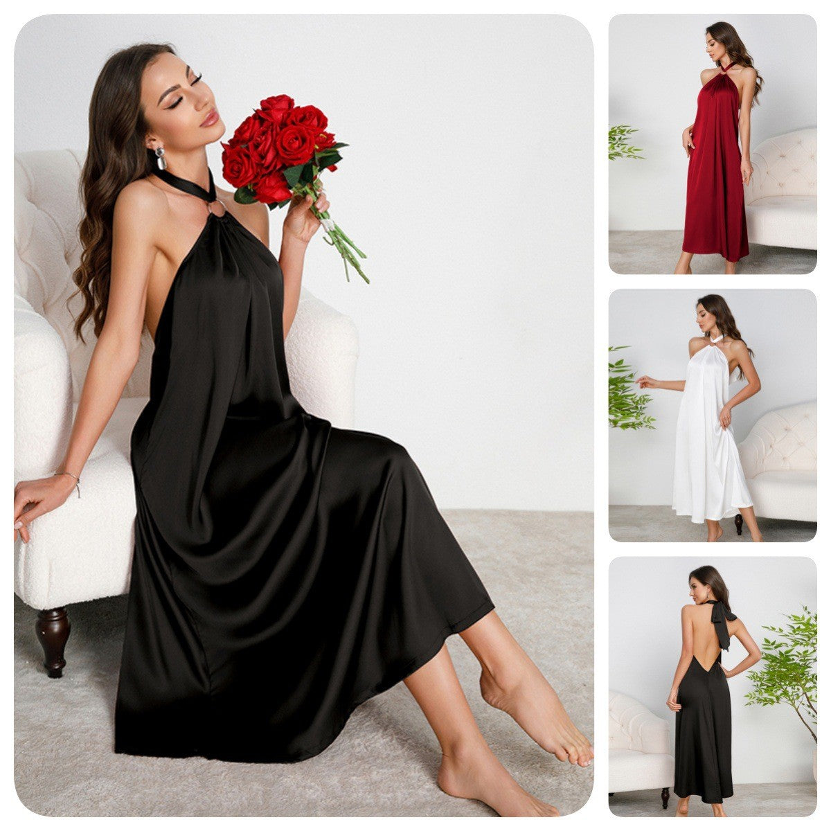 Satin Halter Neck Open Back A-Line Maxi Slip Dress