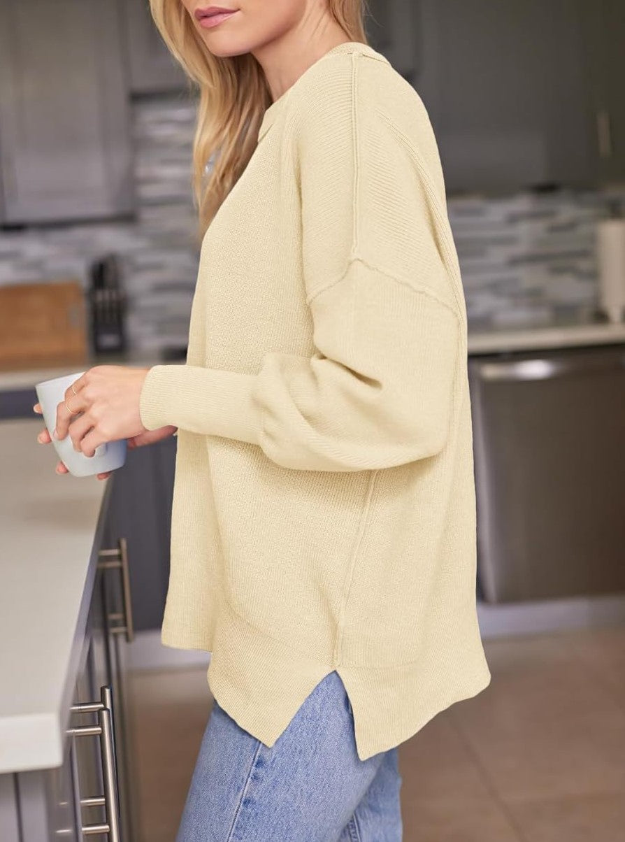 Oversized Mock Neck Split Hem Knit Top - Apricot