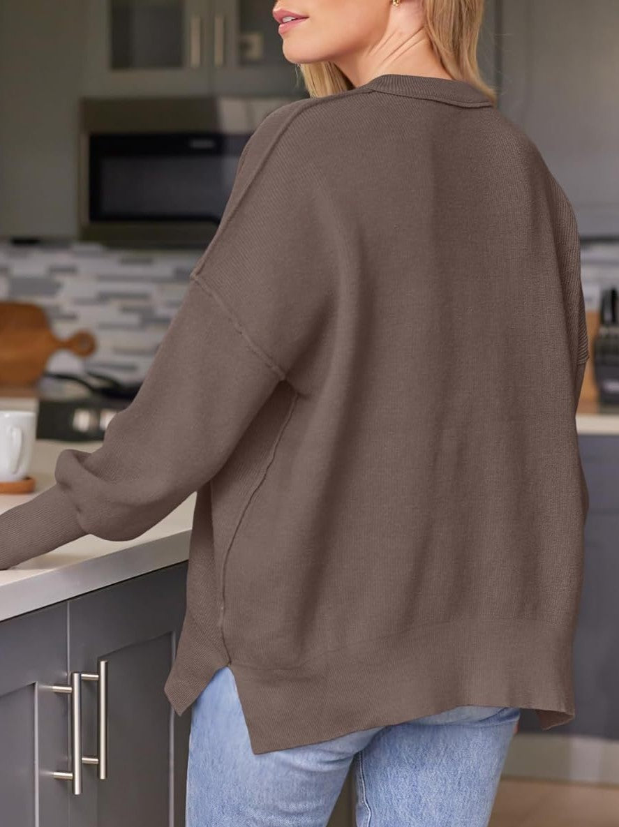 Oversized Mock Neck Split Hem Knit Top - Brown
