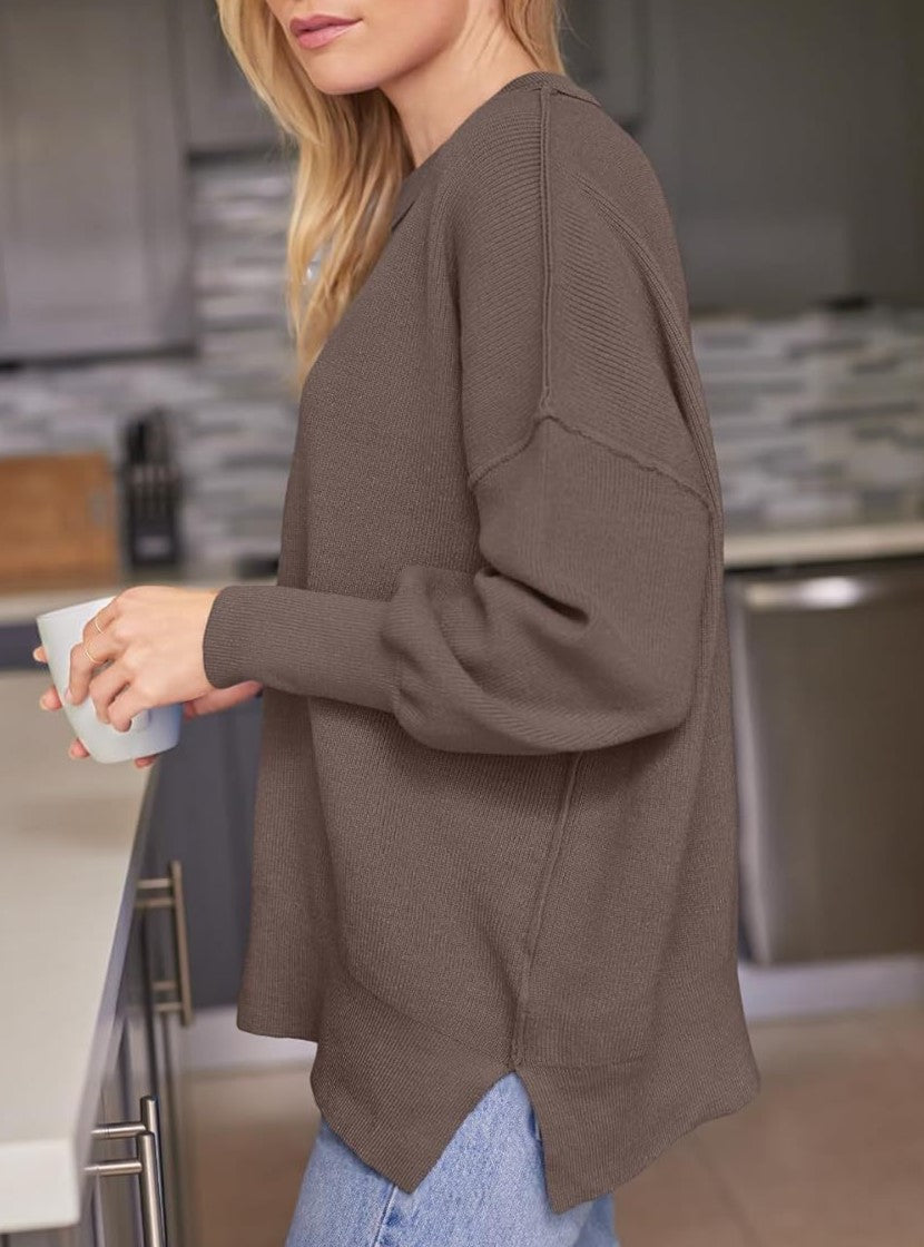 Oversized Mock Neck Split Hem Knit Top - Brown - 1