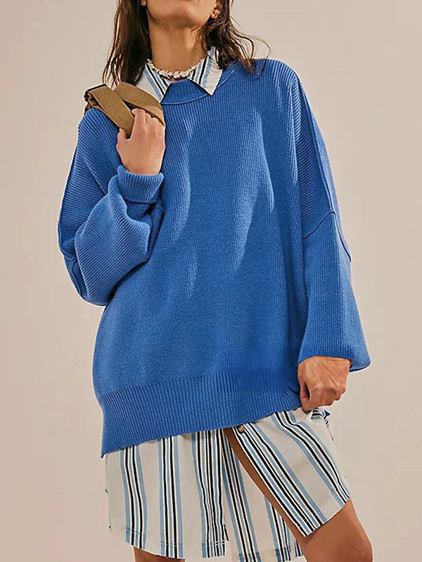 Oversized Mock Neck Split Hem Knit Top - Darkblue