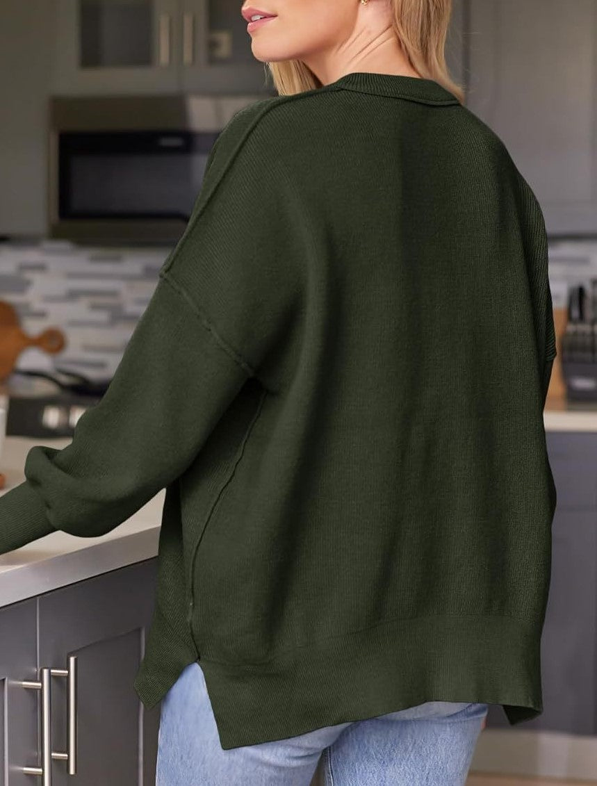 Oversized Mock Neck Split Hem Knit Top - Darkgreen