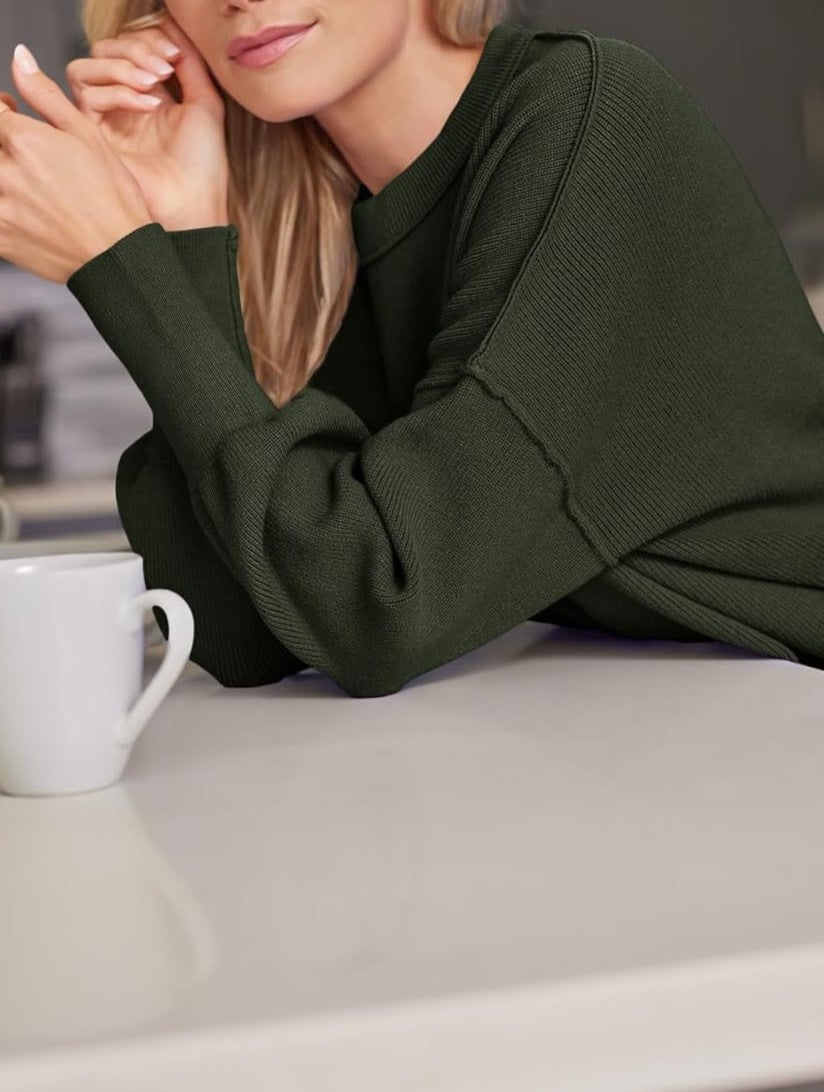 Oversized Mock Neck Split Hem Knit Top - Darkgreen - 1