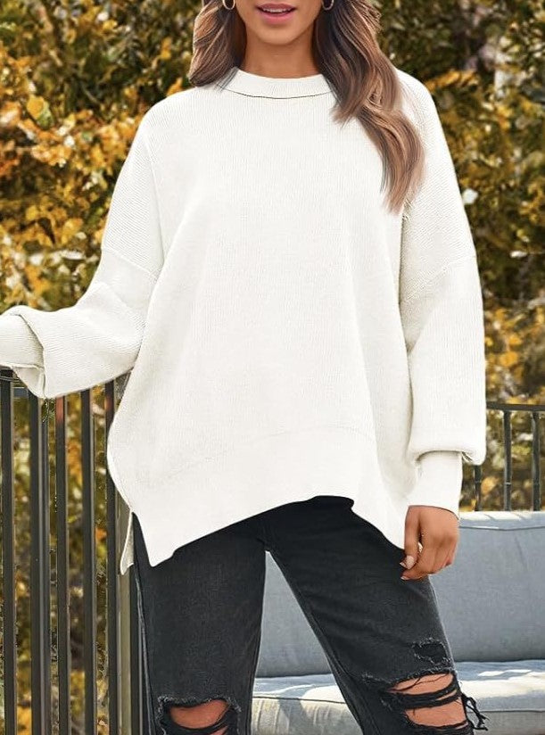 Oversized Mock Neck Split Hem Knit Top - White
