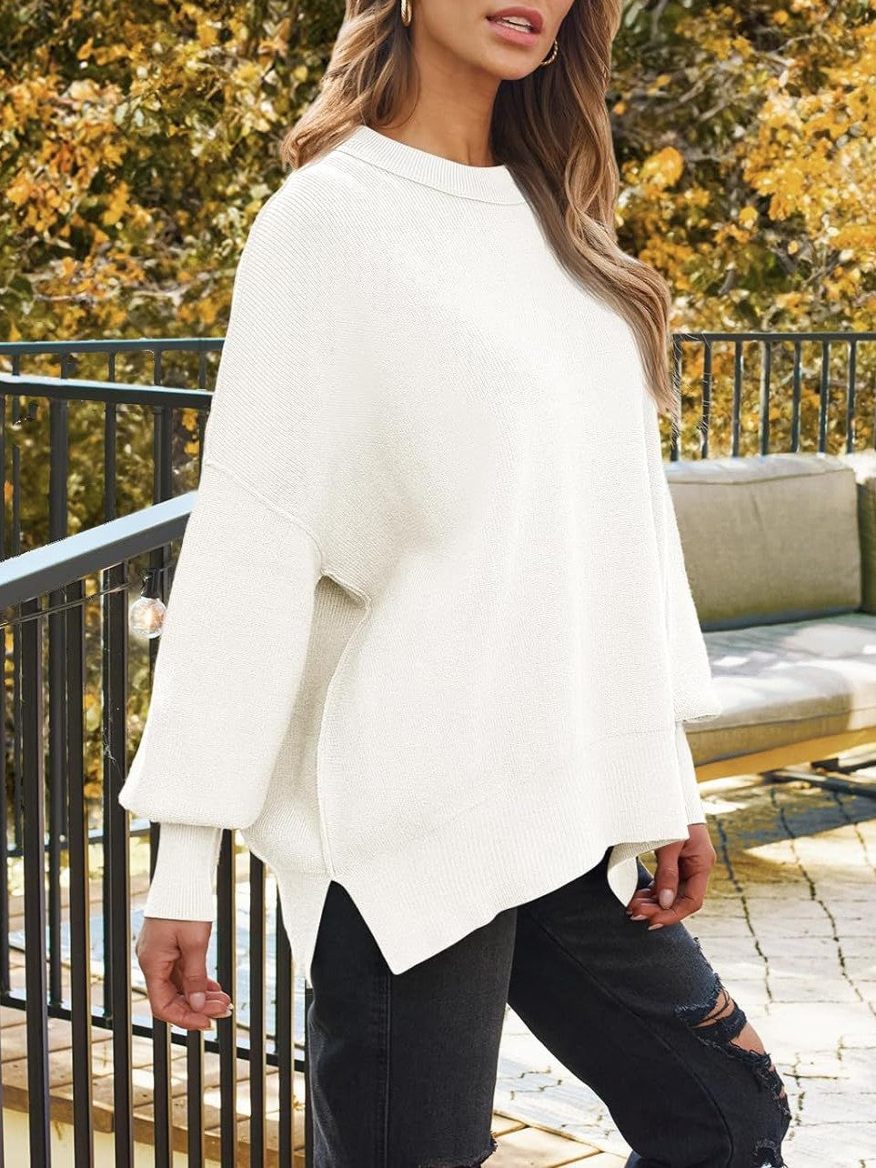 Oversized Mock Neck Split Hem Knit Top - White - 1