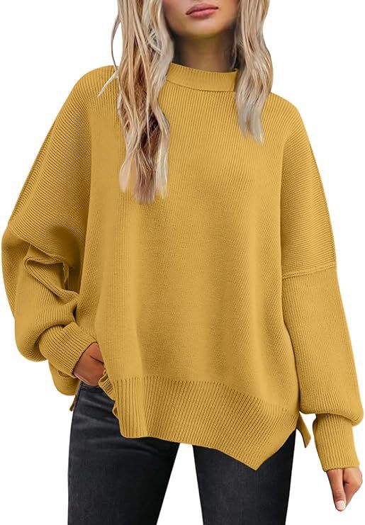 Oversized Mock Neck Split Hem Knit Top - Yellow