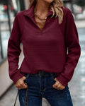 Ribbed Textured Half Zip Pullover Sweatshirt - Wine_red