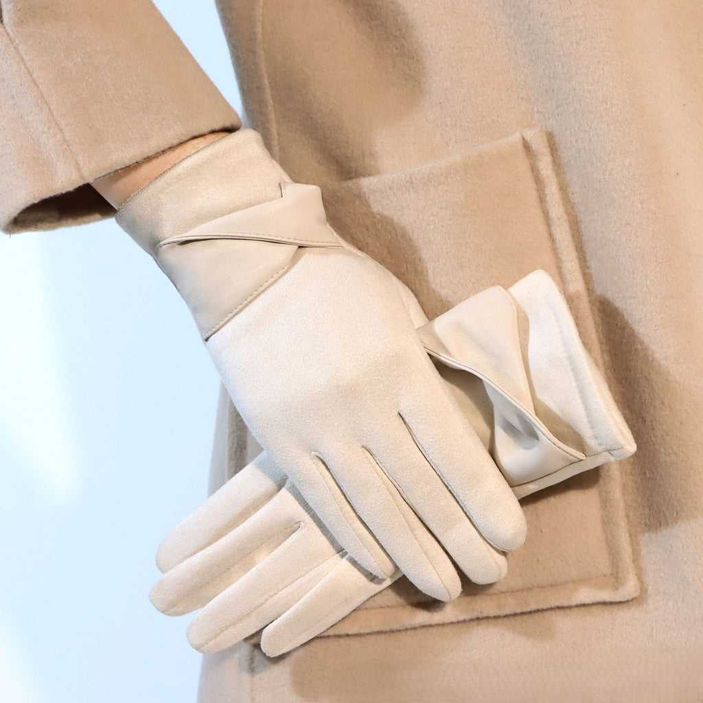 Bow Detail Faux Suede Winter Gloves - Beige