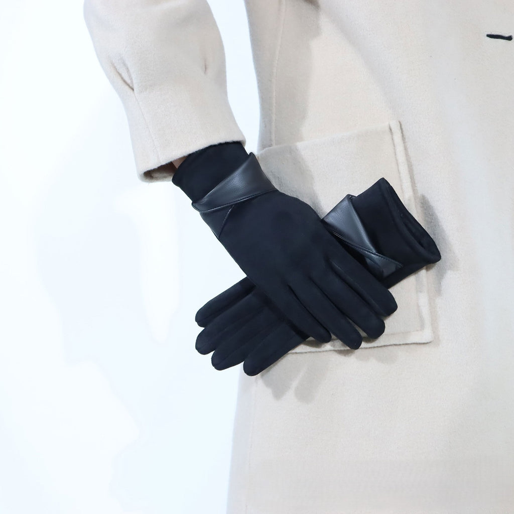 Bow Detail Faux Suede Winter Gloves - Black