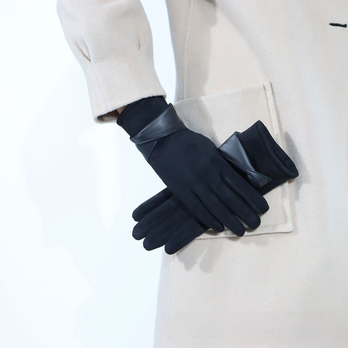 Bow Detail Faux Suede Winter Gloves - Black