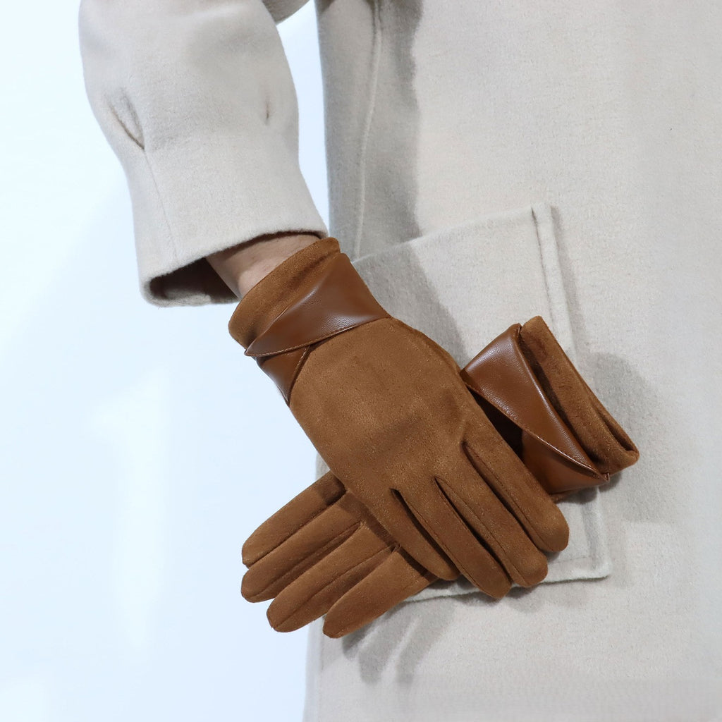 Bow Detail Faux Suede Winter Gloves - Caramel