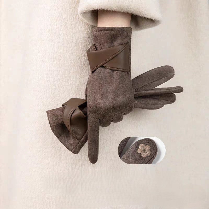 Bow Detail Faux Suede Winter Gloves - Coffee